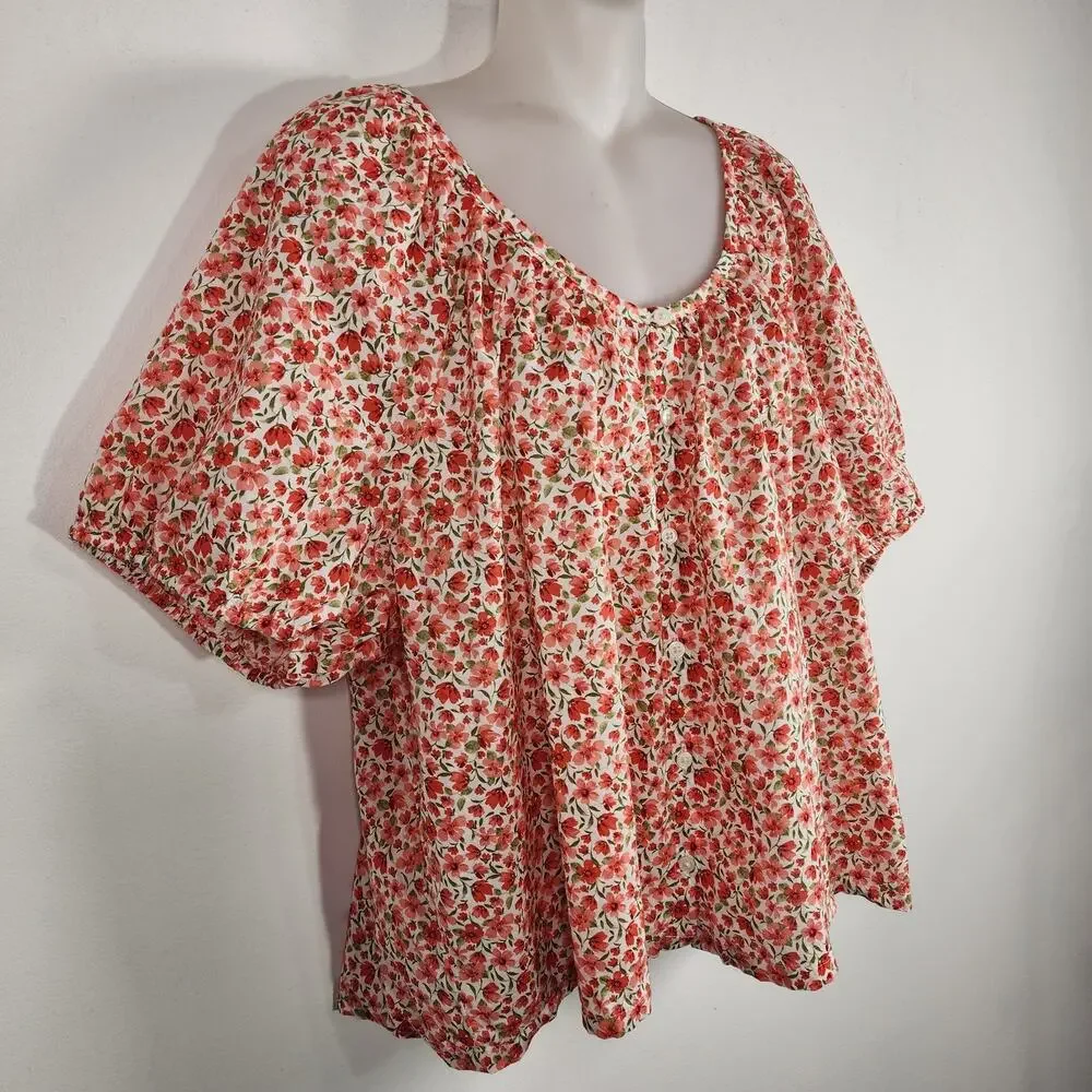 Old Navy Womens Airy Button Down Top XL Short Sleeve Red Floral Cotton Relaxed